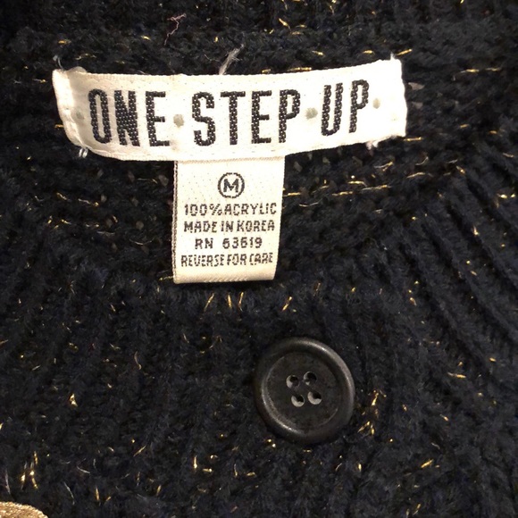 One Step Up vintage cardigan sweater M Black with Metallic Suede Satin trim EUC - Picture 5 of 6